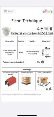 GOBELETS EN CARTON, 115mL, 1 PACK DE 4000 PIECES à 55 EUR (0.01375 EUR par gobelet)