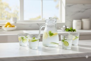MICHEL SERVAN , Ensemble carafe & verres (en verre martelé)