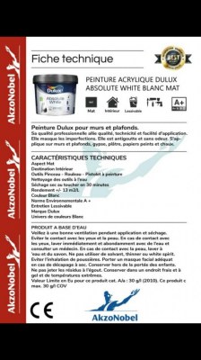 Peinture dulux absolute white mat. Pot de 9L