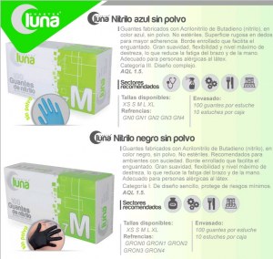 Gants nitrile sans poudre noir bleu blanc