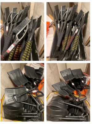 Lot complet NEUF d’accessoires hiver auto – 114 pièces (pelles, grattoirs, plaques de...)