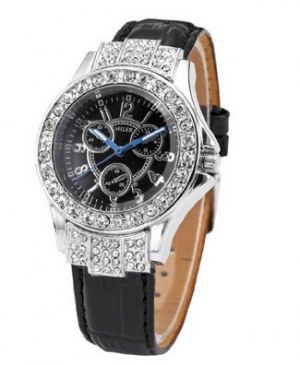 Montre miler, avec bracelet en cuir veritiable et boitier recouvert de crystaux