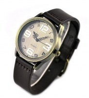 Montre retro fantaisie, avec bracelet en cuir, et boitier en metal vieilli