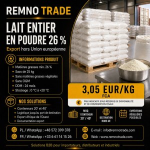 Lait entier en poudre 26 % – export hors UE