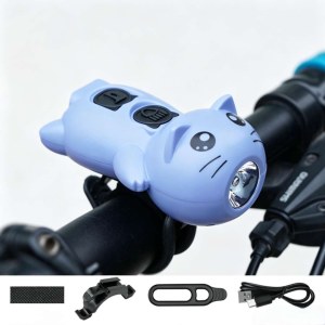 Phare avant de vélo enfant motif chat kawaii 2 fonctions : Éclairage + Klaxon électronique