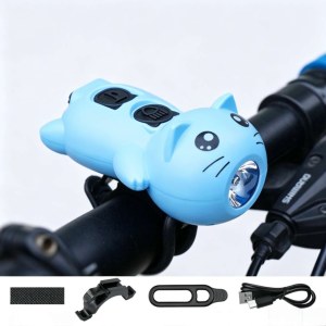 Phare avant de vélo enfant motif chat kawaii 2 fonctions : Éclairage + Klaxon électronique