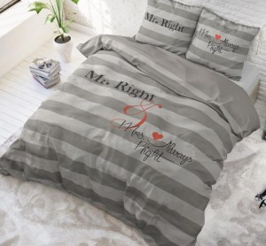 "Mr&Mrs Always" Gris Set 2/3 pcs Parure de Lit 100% Coton Housse de Couette+Taie d'Orei...