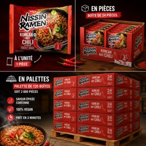 Titre : Nouilles Ramen Nissin Korean Hot Chili - lot palette déstockage Prix : 250 € ...