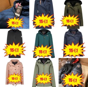 15 €/pièce – Mix hiver vestes de marque catégorie A/B/C, vestes homme, femme et enfant...