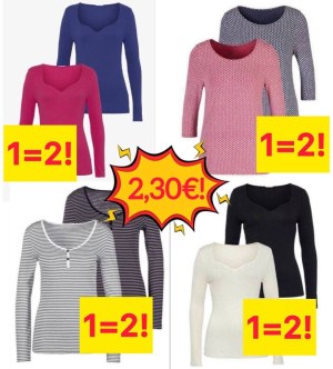 2,30 € Lot de 2 t-shirts femme manches 3/4 neufs tailles 38–56 issus de catalogues alle...