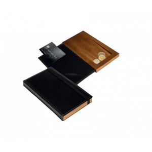 Porte-addition noir cuir et bois