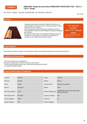 Plaque de sous-toiture ONDULINE FLEXOUTUILE T235