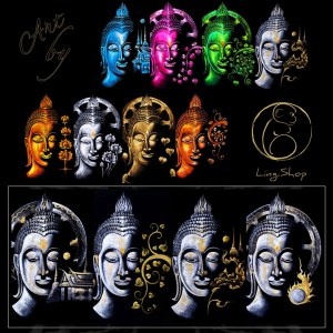 Lot de 16 toiles Bouddha artisanales – Blanc & Or – 100×70 cm – Neuves