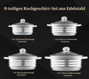 Batterie De Cuisine 8 Pièces En Acier Inoxydable 18/10 Couvercles En Verre inclus Induc...