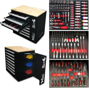 Servante d'atelier Kraft Muller KM-9/7 Noir Plateau bois, 269 pièces incluses avec clé...