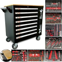 Servante d'atelier Kraft Muller KM-9/7 Noir Plateau bois, 269 pièces incluses avec clé...