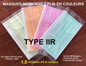 400 MASQUES MEDICAUX TYPE IIR 4 COULEURS JAUNE/ VERT/ ORANGE/ ROSE