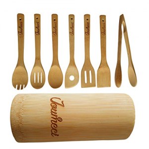 Ensemble de 7 ustensiles de cuisine avec pot de rangement en Bambou