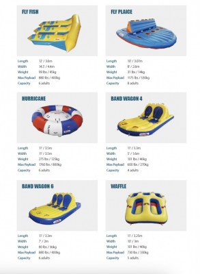 Jeux nautiques gonflables et tractables, flyfish, bandwagon, bananes, bouées