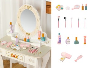 Coiffeuse en Bois avec Tabouret - Miroir Orientable et Accessoires - 90 cm