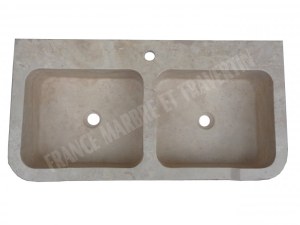 Travertin Classique Beige Évier 2 Bacs Place Robinet 90x46 cm