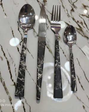 MÉNAGÈRE / COUVERT DE TABLE 24 PIÈCES EFFET MARBRE NOIR OU BLANC /ARGENTE