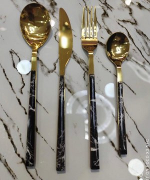 MÉNAGÈRE / COUVERT DE TABLE 24 PIÈCES EFFET MARBRE NOIR OU BLANC / DORÉ