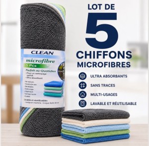 Lot de 5 Chiffons Microfibres 30x30 cm – Nettoyage Multi-Usages – Vente en Gros