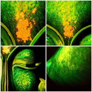 Lot de 19 toiles Bouddha artisanales – Vert & Jaune – 100×70 cm – Neuves